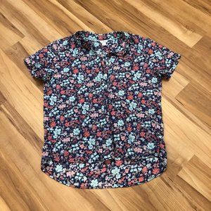 L.L.Bean Blue & Coral Floral Partial Button Down